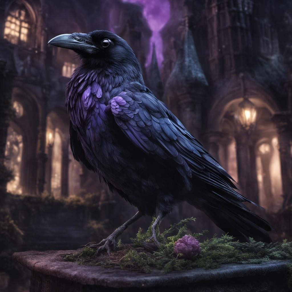 Night Raven in Violet Shimmer, Hyperrealistic Detail