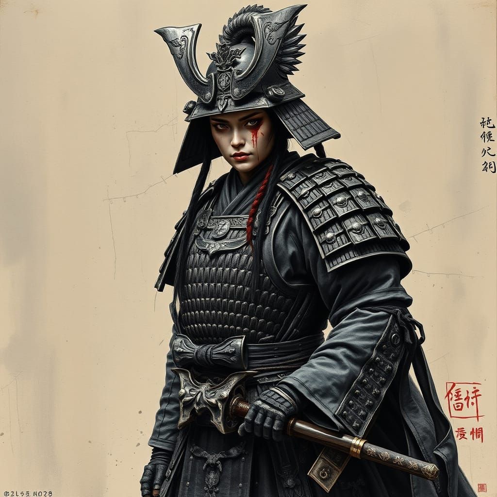 Bloodied Onna-Bugeisha Warrior with Katana