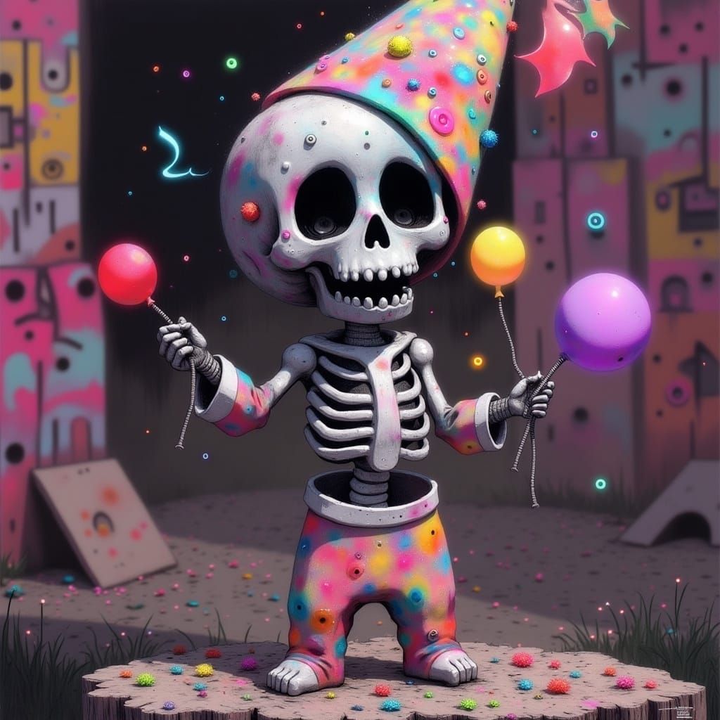 Miniature Skeleton Celebrates in Vibrant, Whimsical Party Sc...