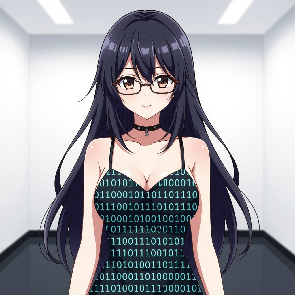 Woman in Binary Code Dress in Anime Style