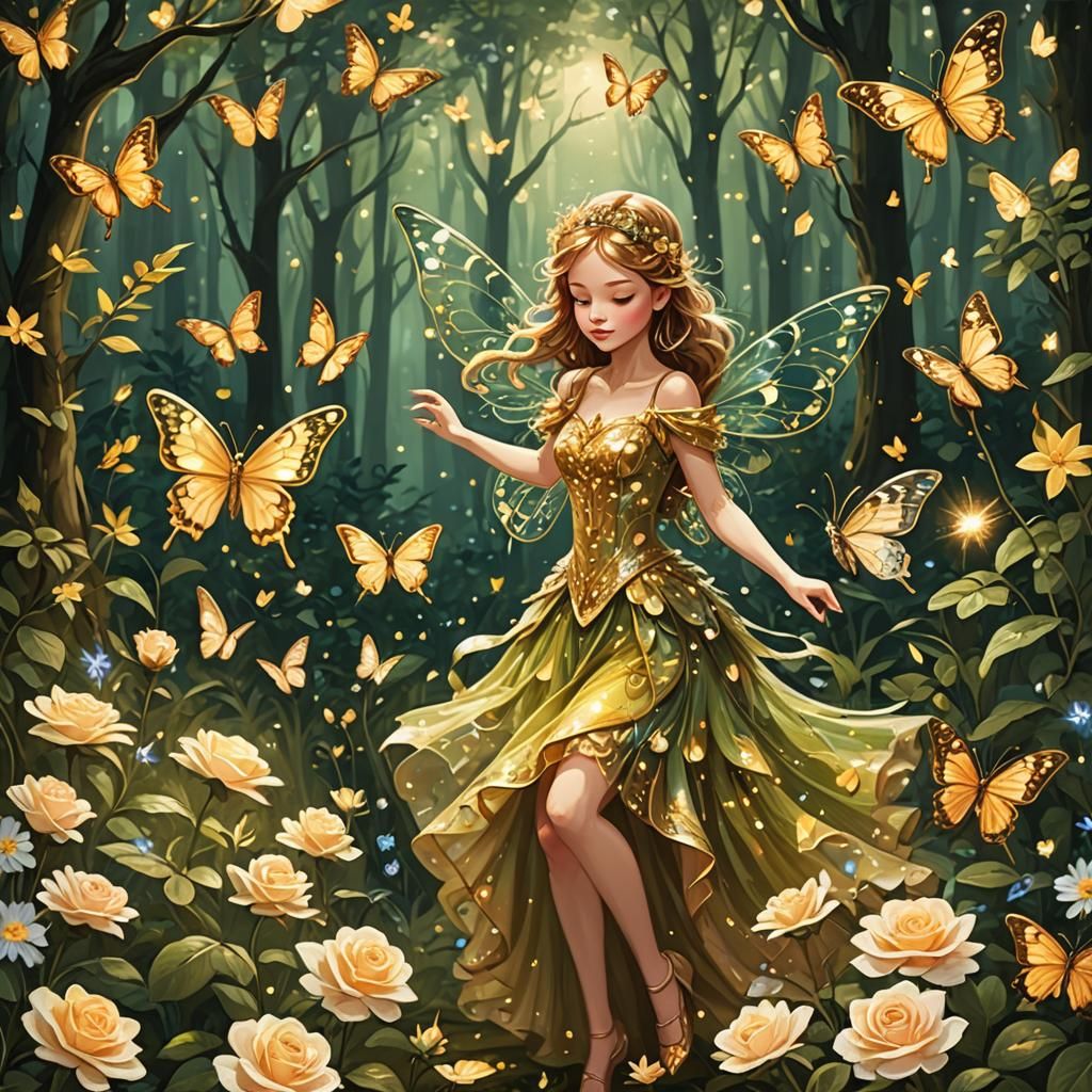 Fairy Princess Dancing in a Golden Forest