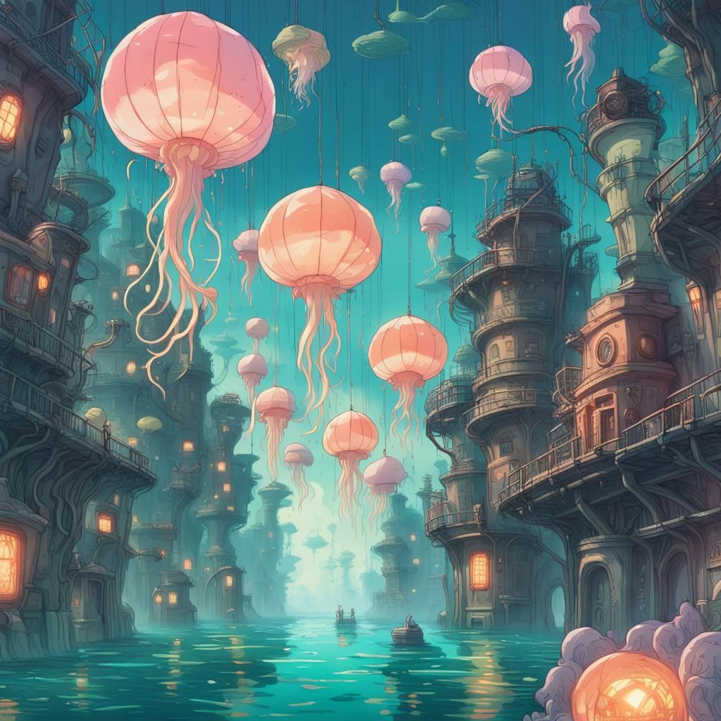 Surreal Anime Atlantis with Steampunk Machinery