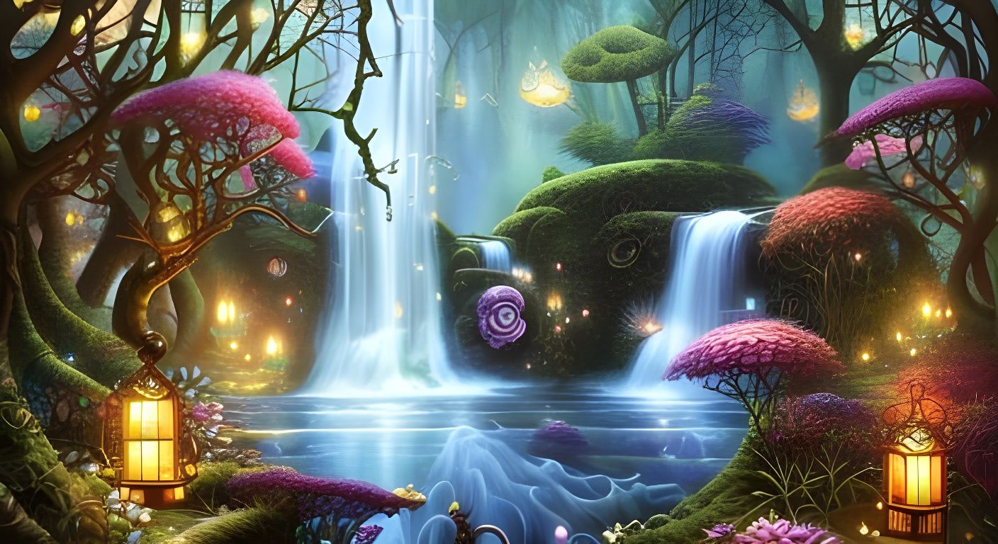 Enchanted Faerie Garden with Waterfalls in Painterly Style