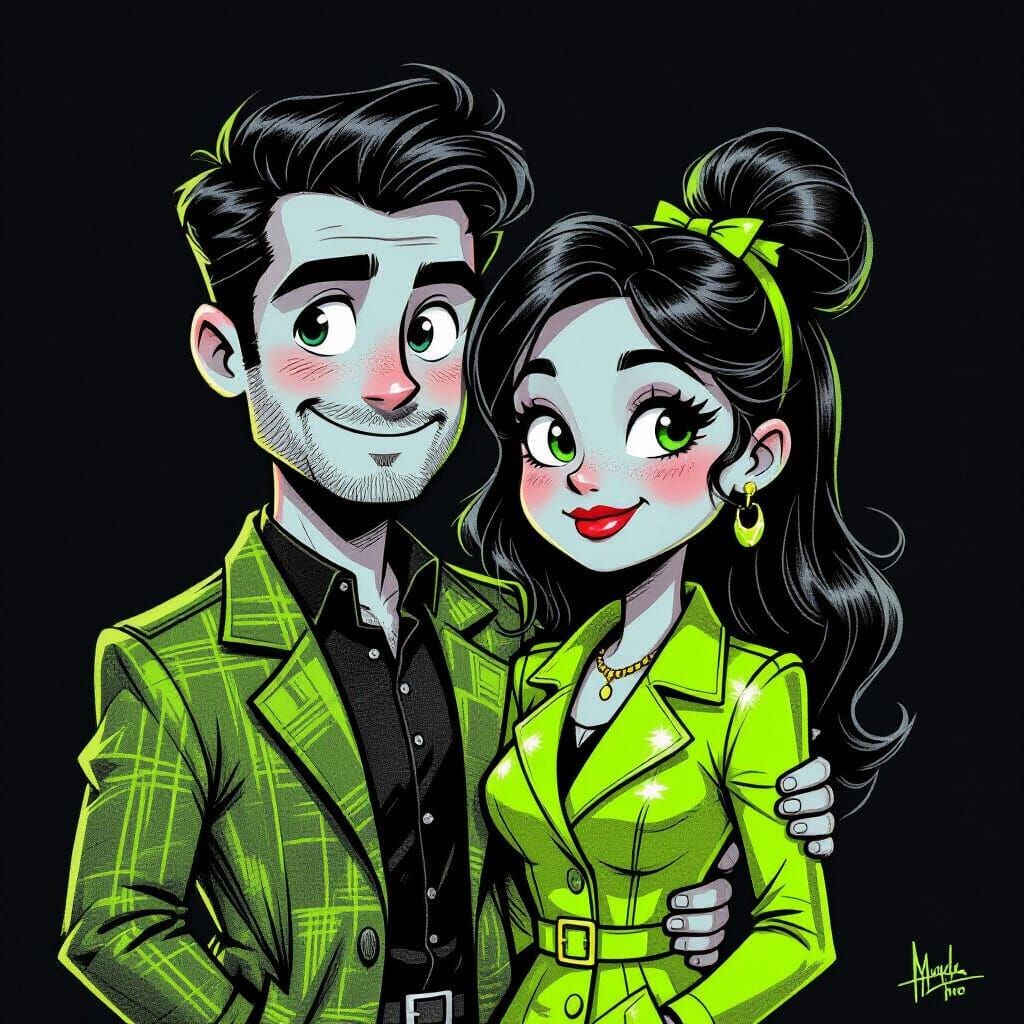 Cute Cartoon Couple in Neon Green Charcoal Drawing