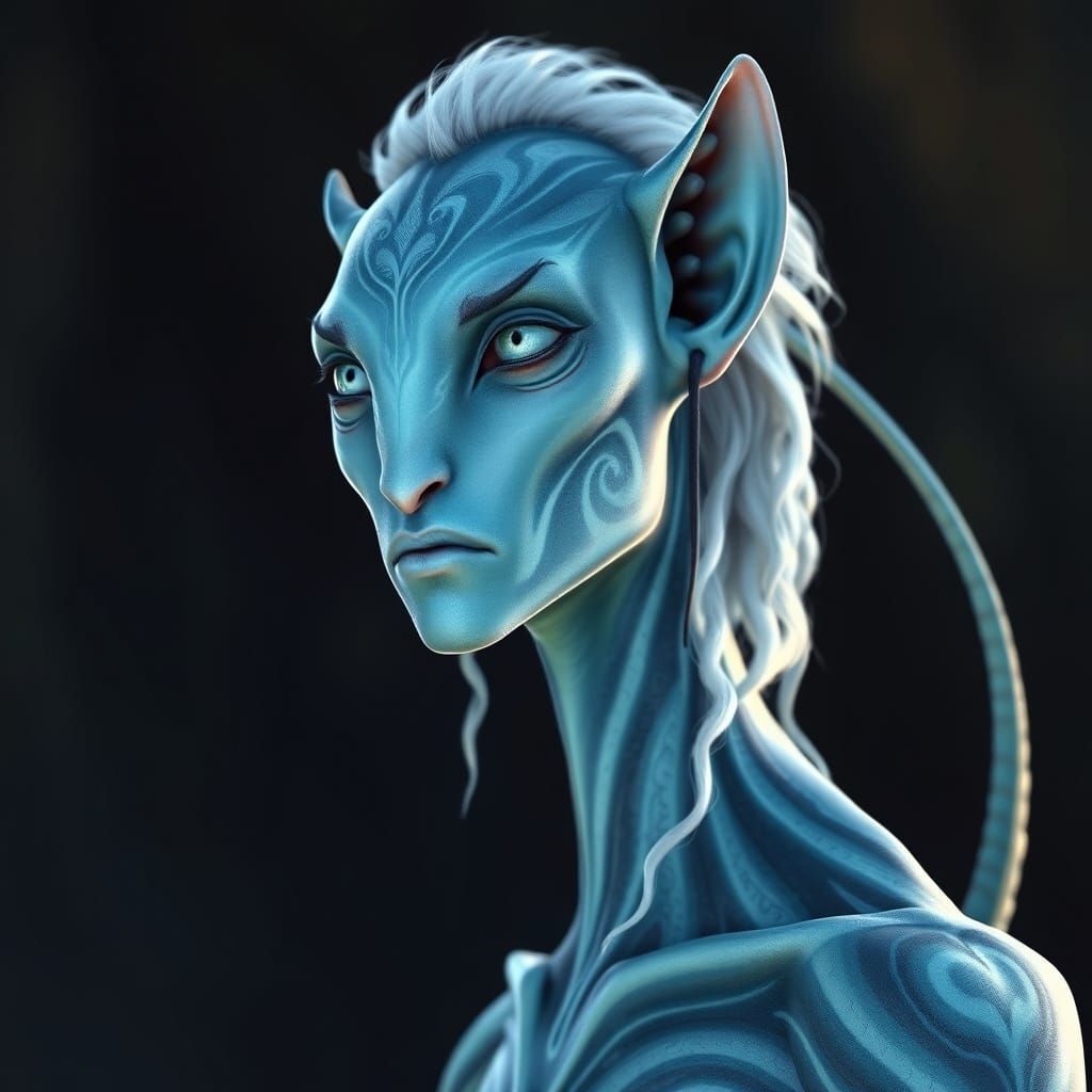 Ethereal Na'vi Male with Serene Blue Skin and Feline Feature...