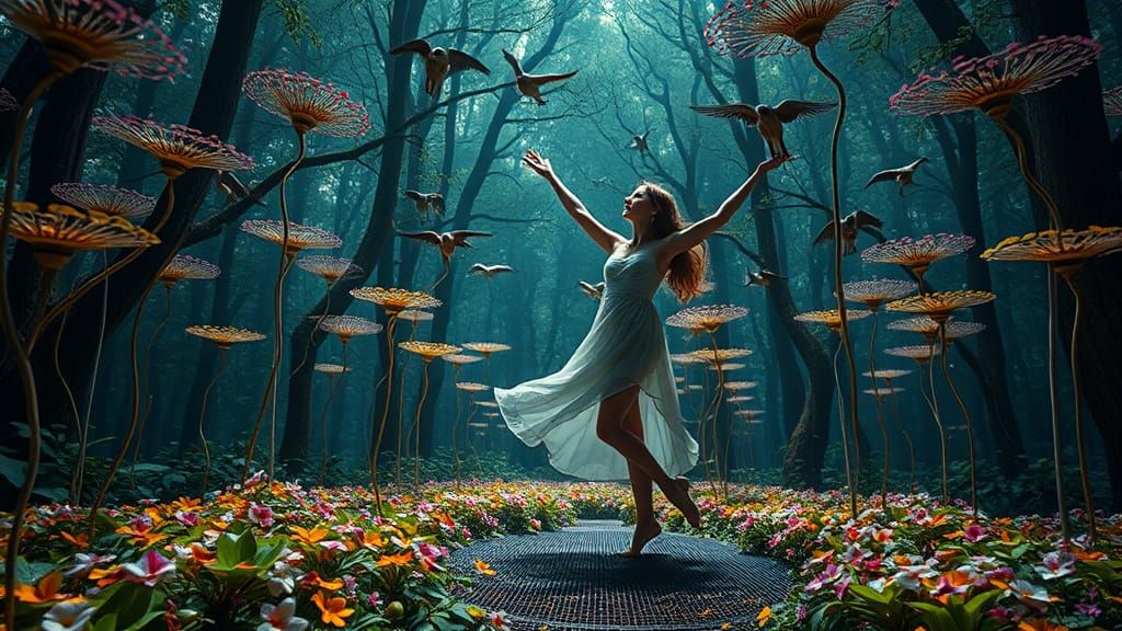 Woman Dancing with Birds in a Flower Network