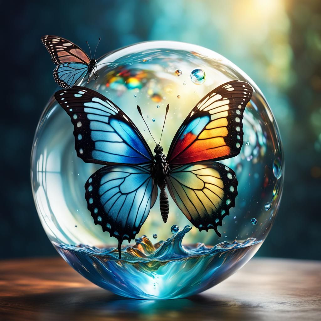 Glass Orb Butterfly: Hyperrealistic Splash Art