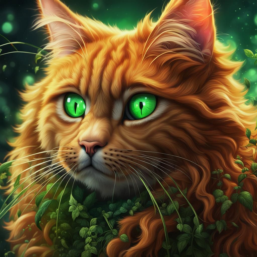 Fluffy Ginger Cat with Green Eyes, Detailed Digital Art