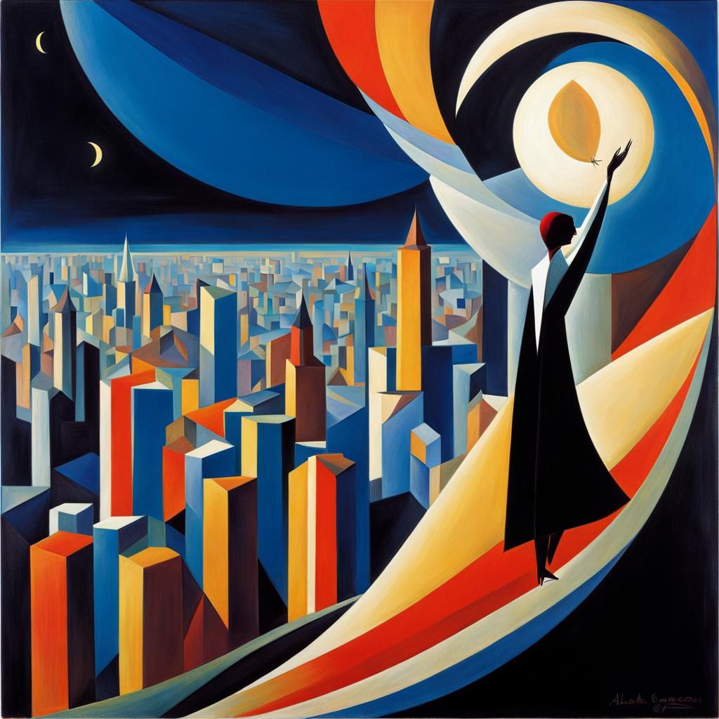 Person Touching Moon in Abstract Cubism Style