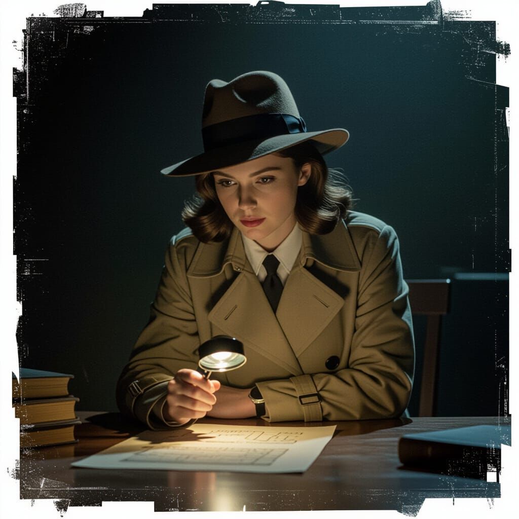 Detective Girl Investigating Clue in Noir Style