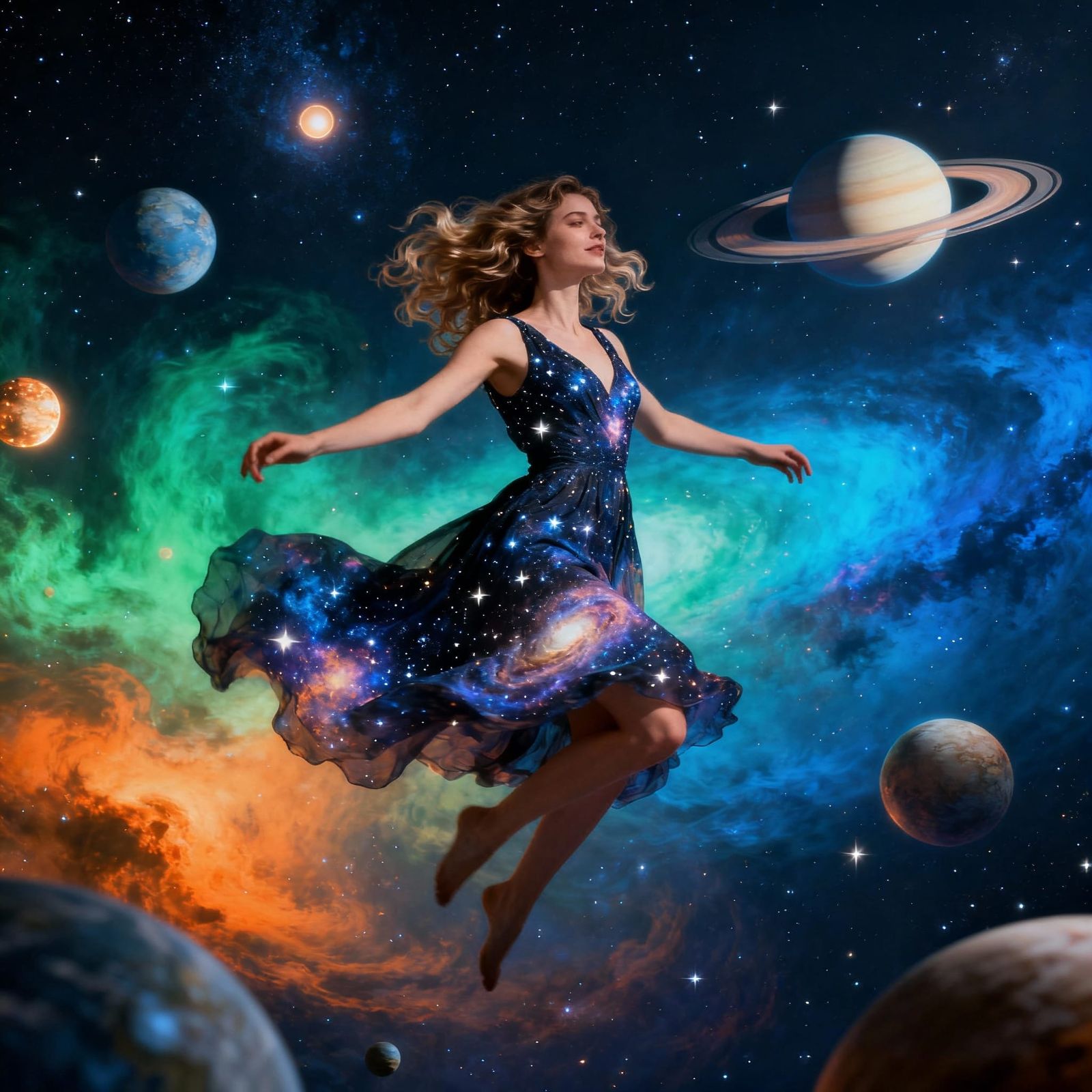 Woman Dancing Among Stars in Surreal Cosmic Artwork