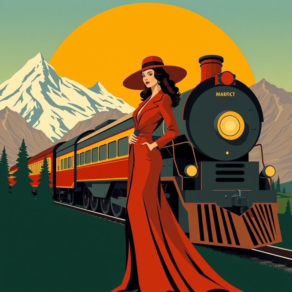 Elegant Woman at Art Deco Train: 1920s Travel Poster