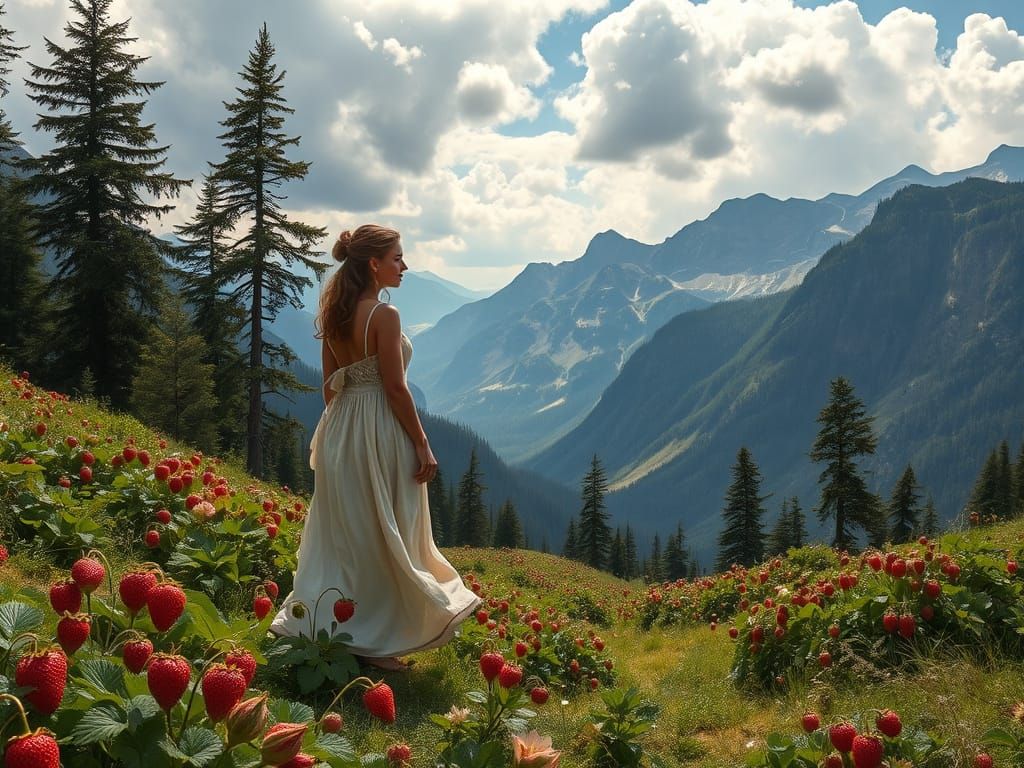 Alpine Valley with Strawberries in Romantic Style