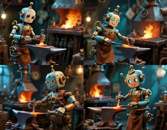 Steampunk Blacksmith Repairs Robot in Primitivism Style