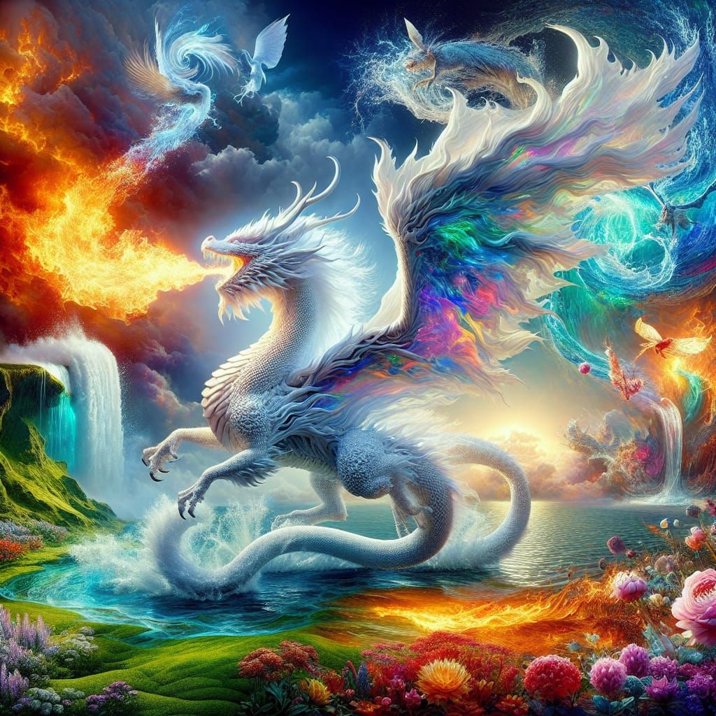 Iridescent Dragon Breathing Elements in Hyperrealistic Detai...