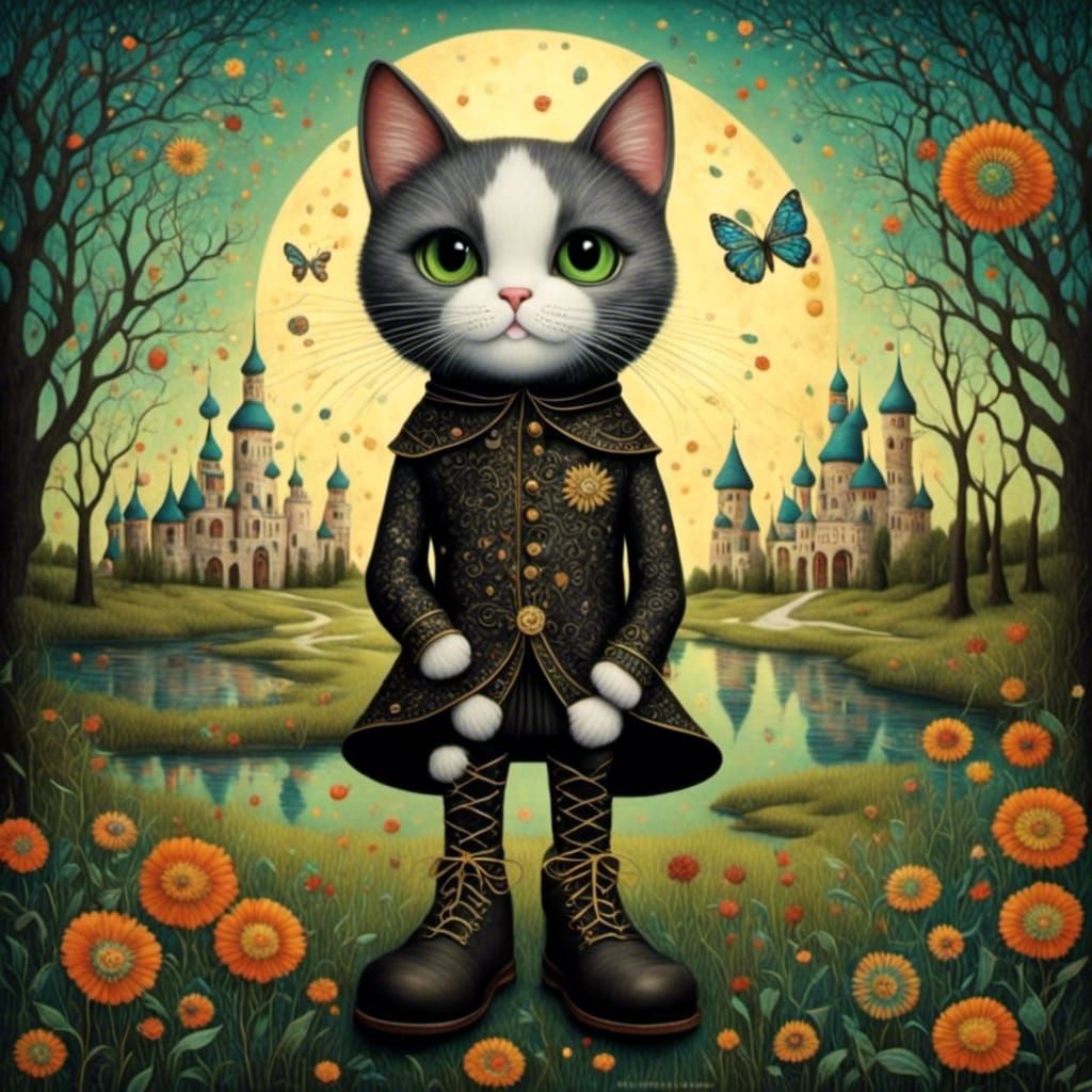Whimsical Cat in Boots: Surreal Collage Art