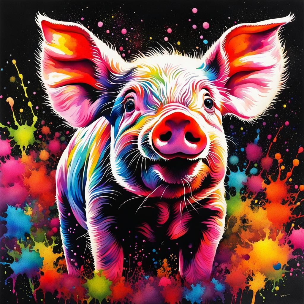 Piglet in Watercolor Ink Splatter Style