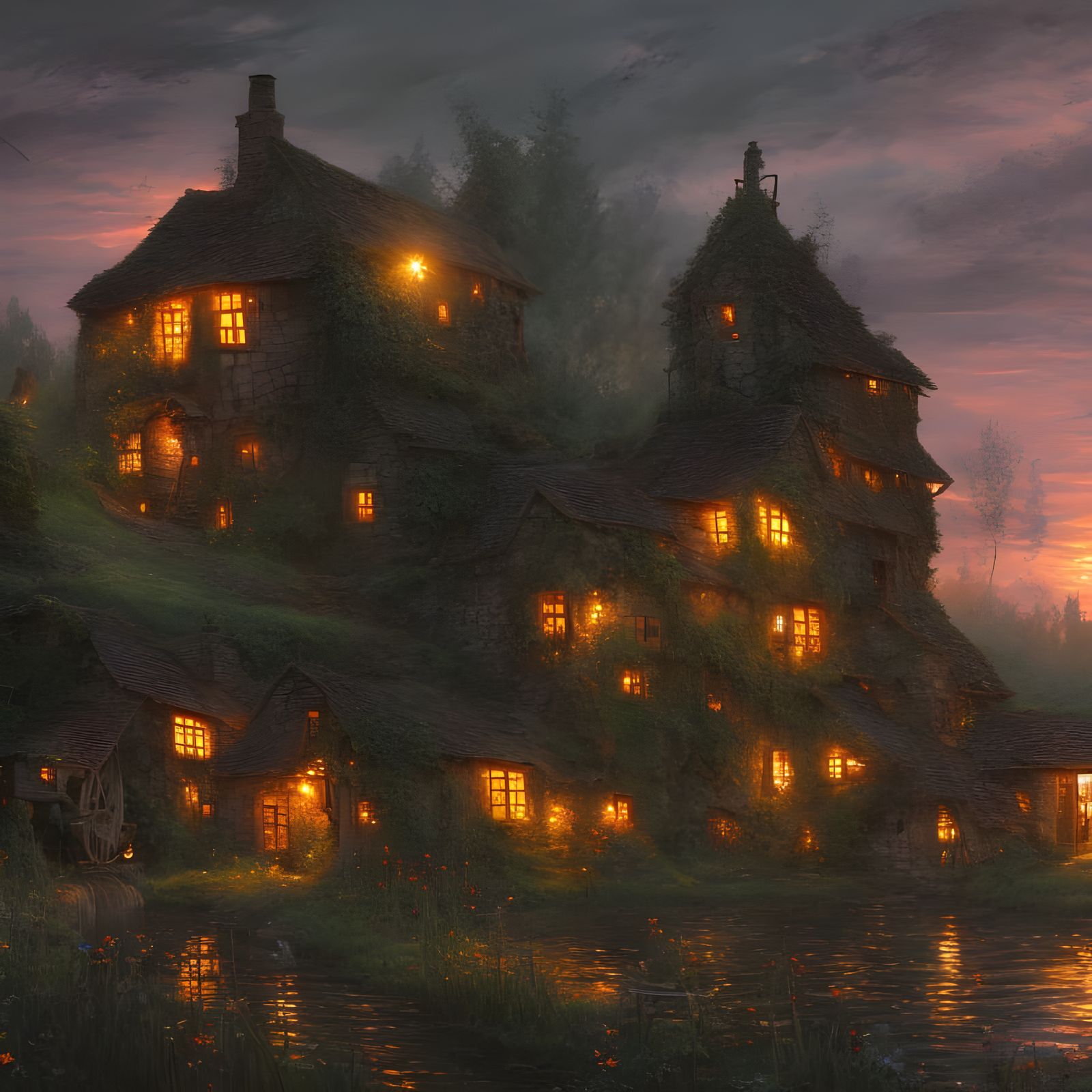 Cottagecore Water Mill Under Sunset Sky