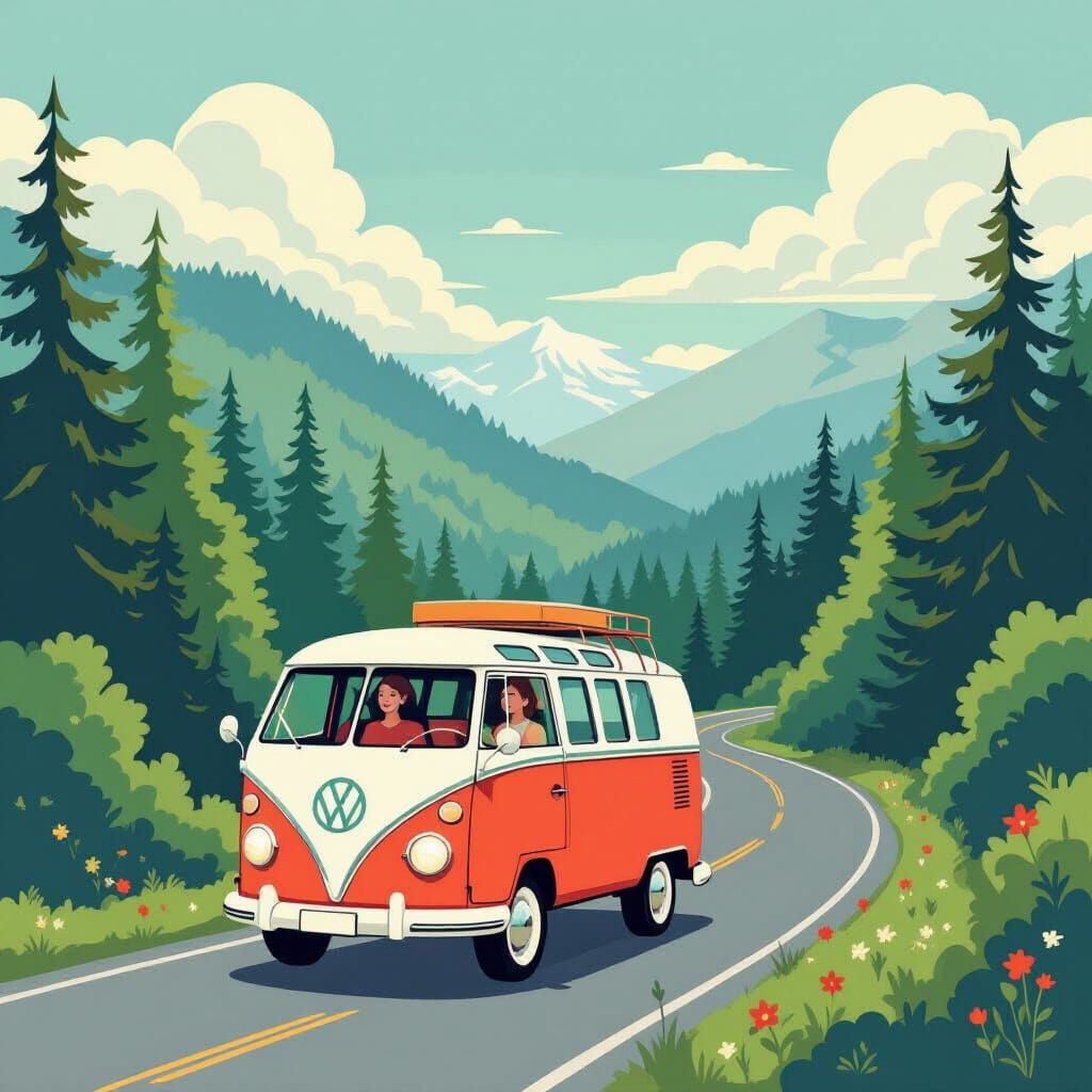Woman's Vanlife Journey in Folk Art Style
