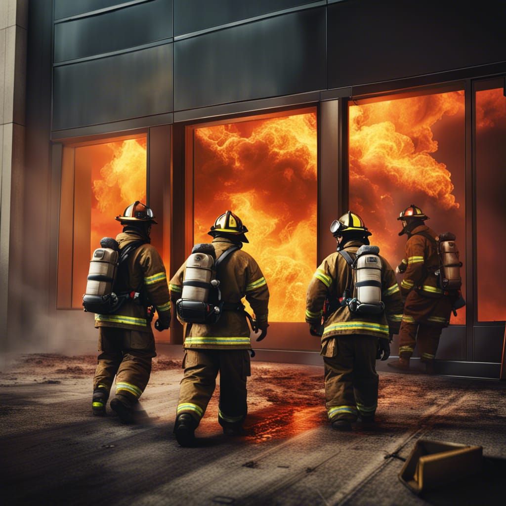 Firefighters Enter Burning Building: Hyperrealistic 8k Art