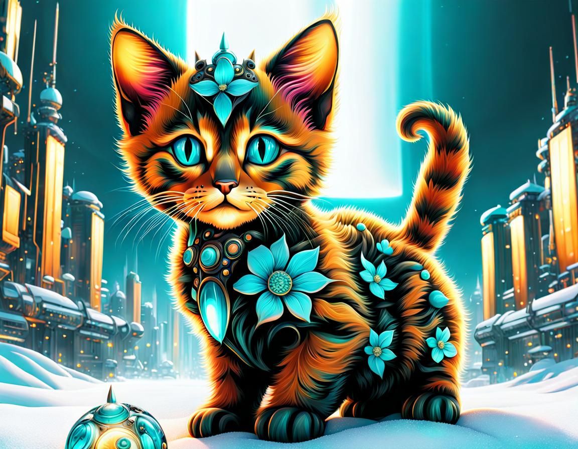 Cyberpunk Blown Glass Kitten in Snow