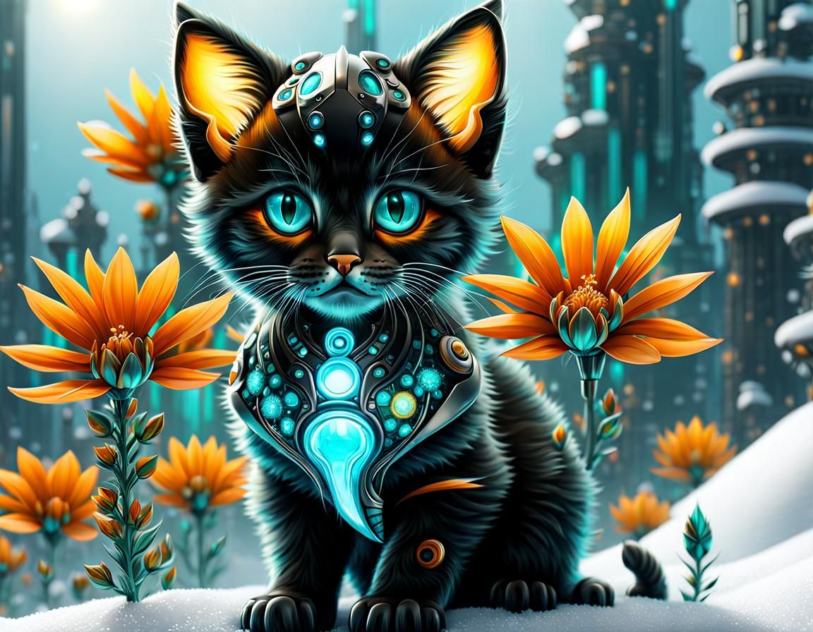 Cyberpunk Blown Glass Kitten Made of Flowers