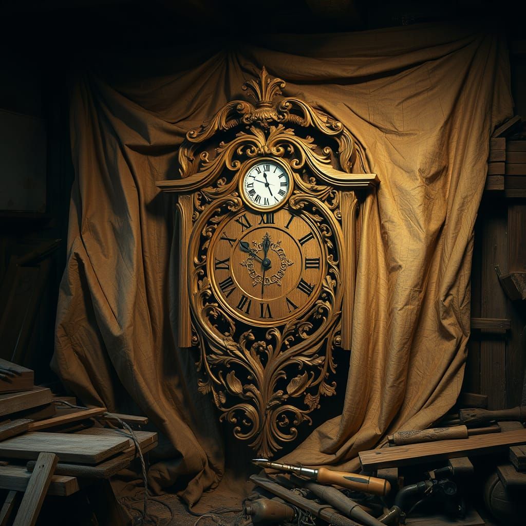 Whimsical Wooden Clock in Rustic Workshop