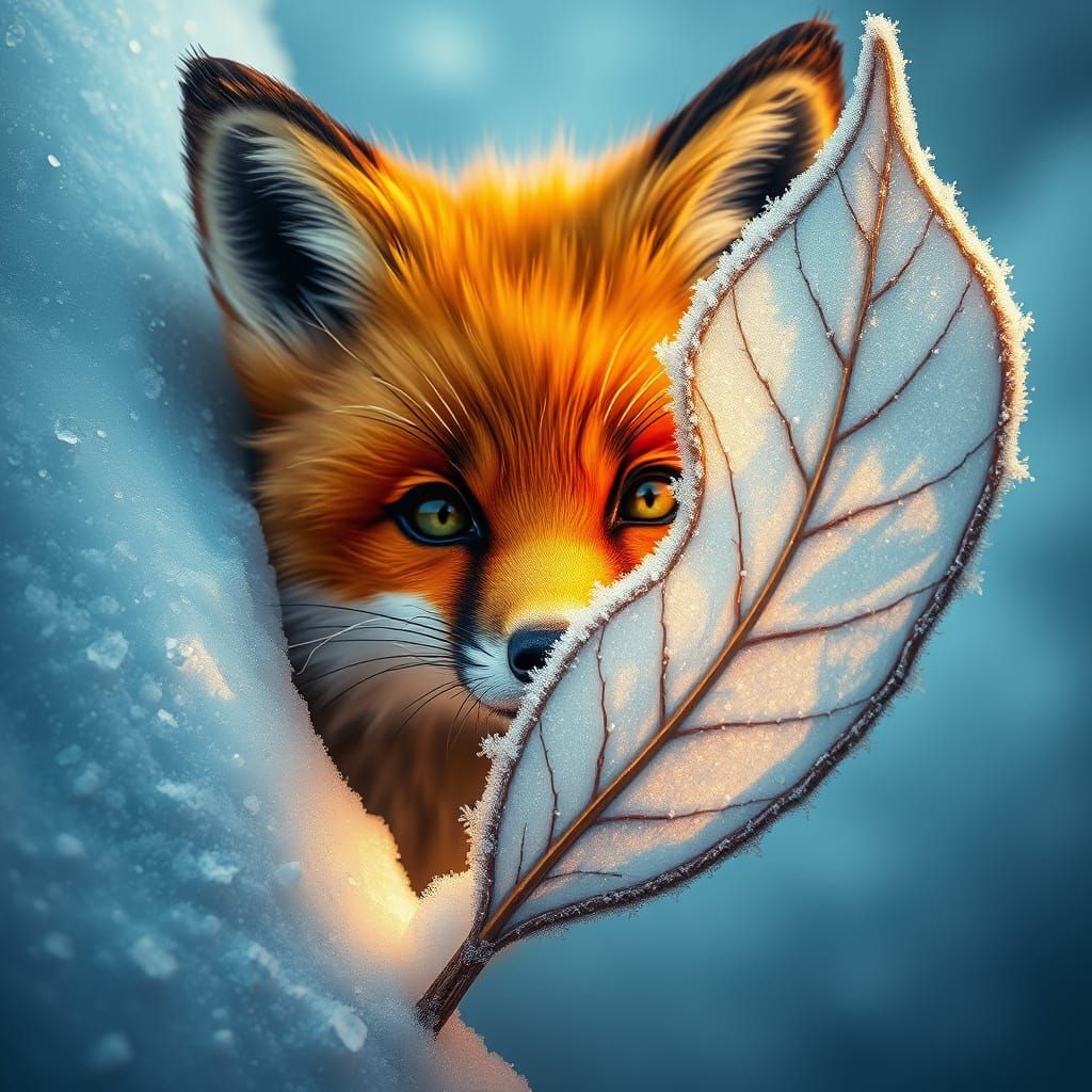 Winter Fox Peeking from Frosty Leaf Silhouette