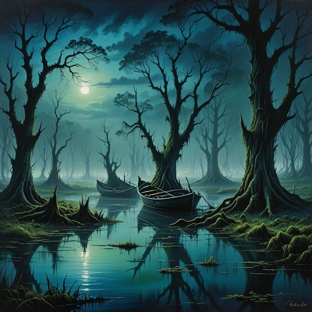 Eerie Swamp Boat in Dark Fantasy Oil Painting