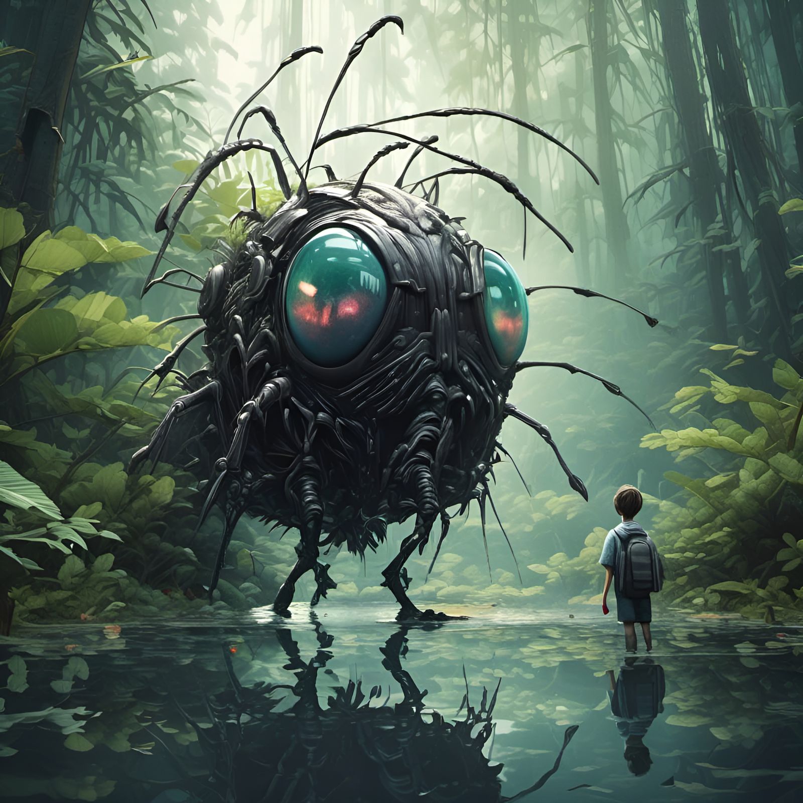 Surreal Glowing-Eyed Bug in Watercolor Style