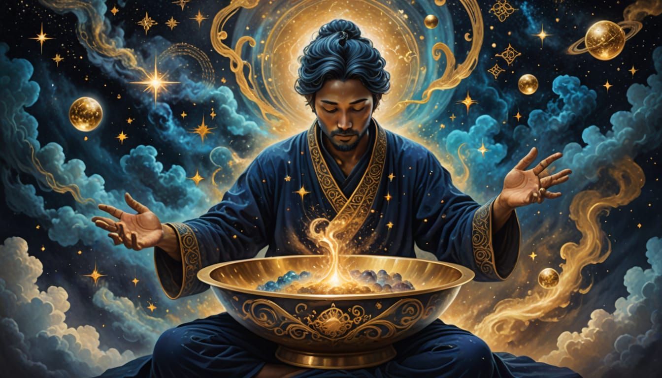 Surreal Figure in Ancient Bowl Creates Cosmic Mixtures