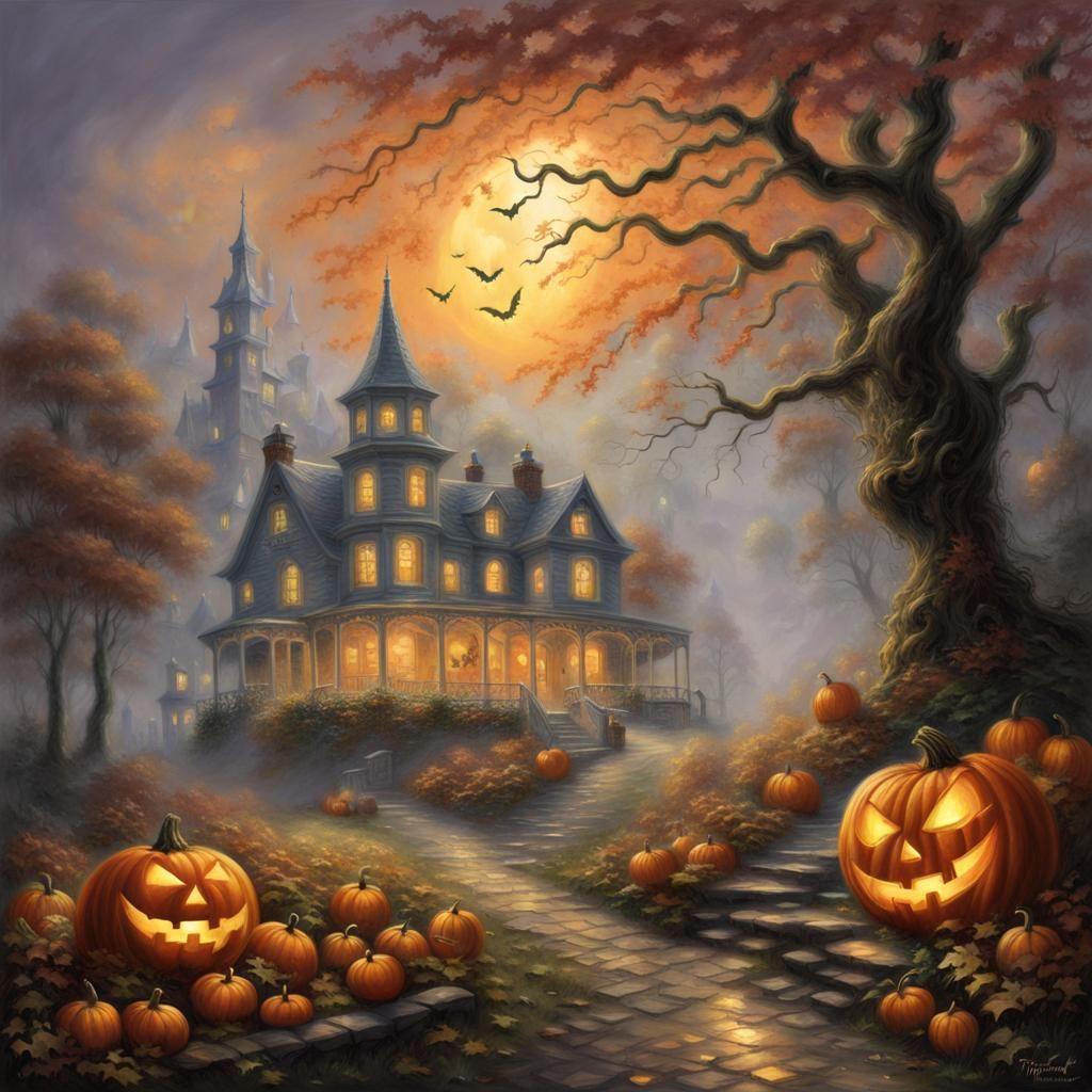 Ethereal Halloween Pumpkin in a Thomas Kinkade Style