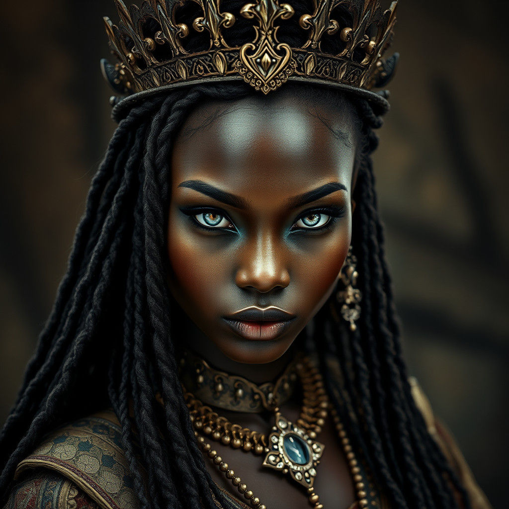 Enigmatic Princess with Locs and Gray Eyes