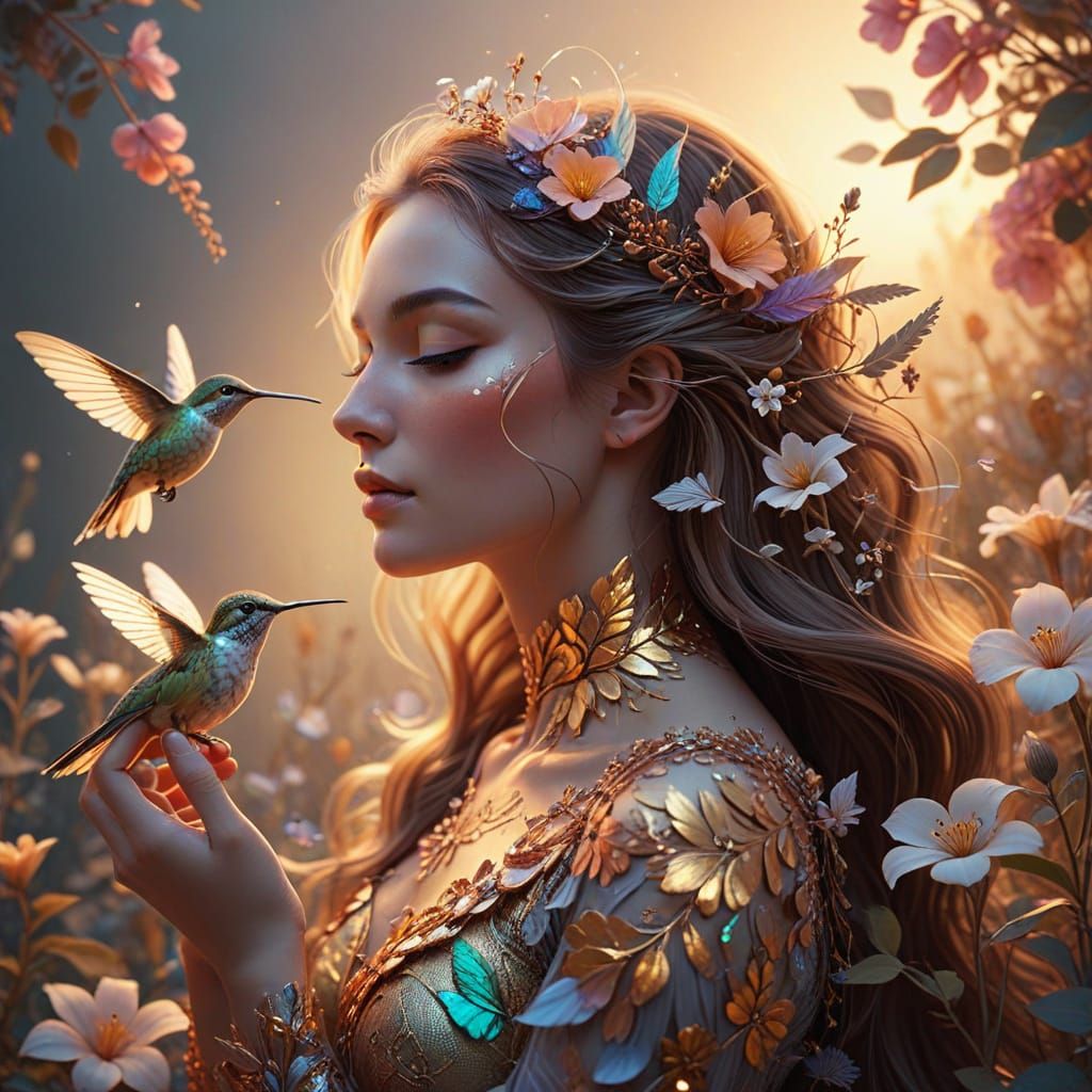 Dreamy Woman with Hummingbird in Whimsical Floral Patterns