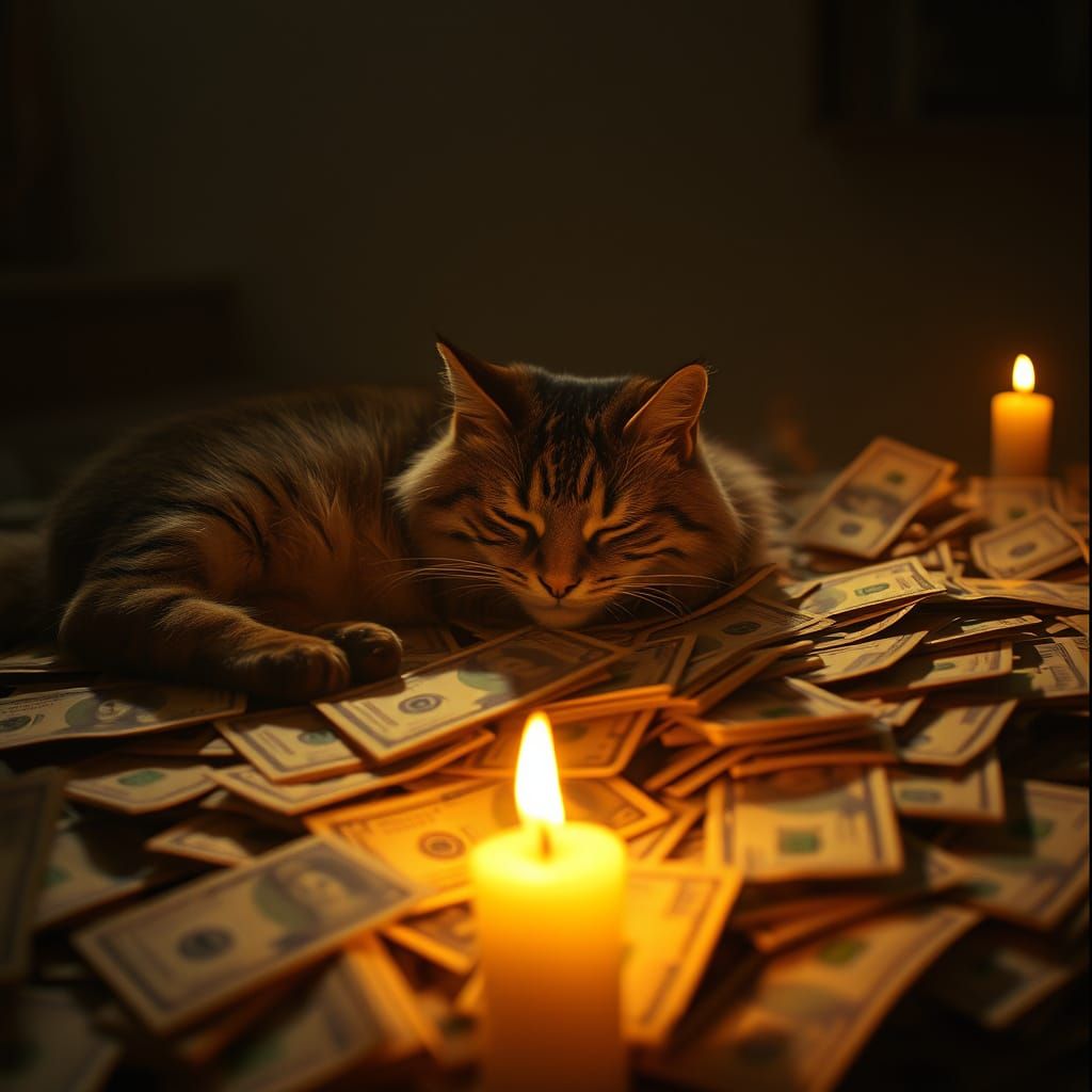 Majestic Cat Slumbers on Golden Bills in Cinematic Still