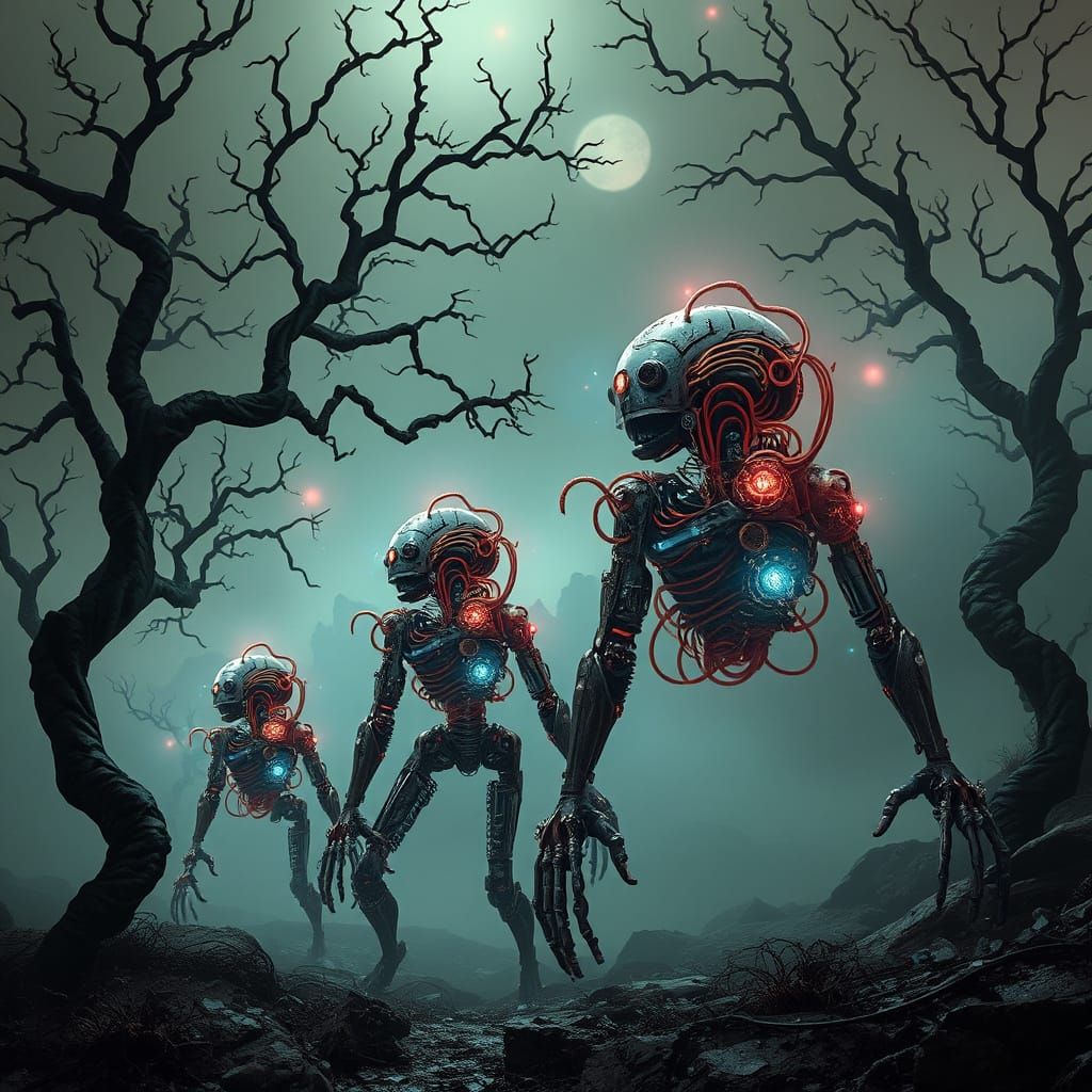 Alien Planet Robots in Cyberpunk Industrial Fusion