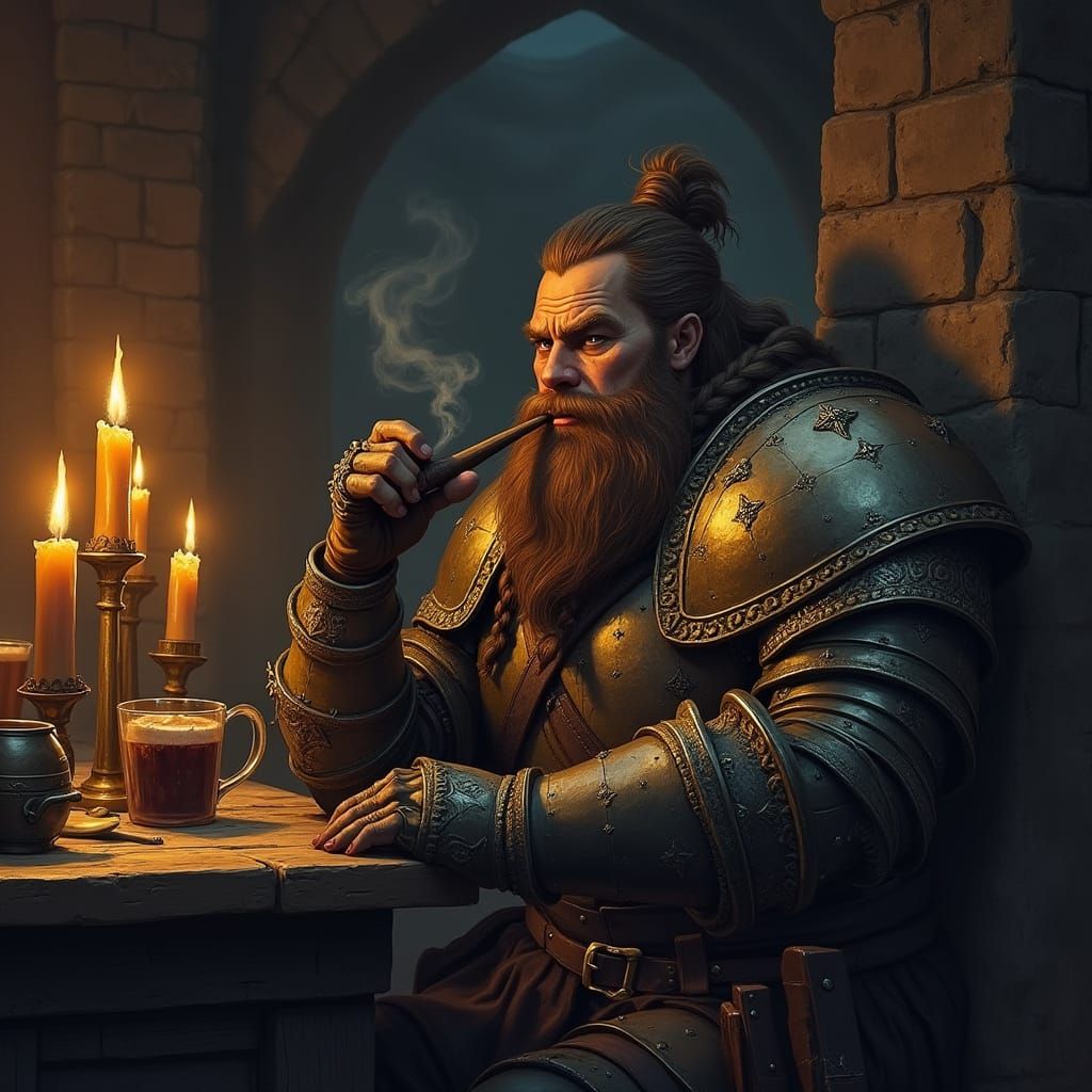 Dwarven Warrior Smoking Pipe in Tavern Corner