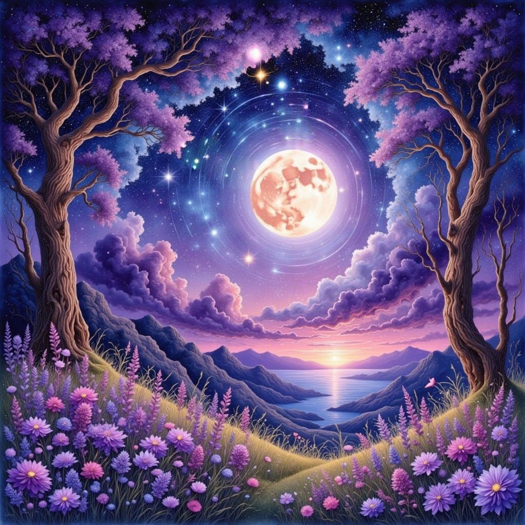 Purple Wildflower Field Under Moon in Watercolor Ink