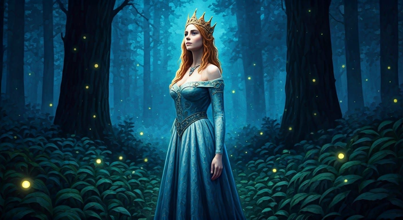 Mystical Queen in Forest, Watercolor Fantasy Art