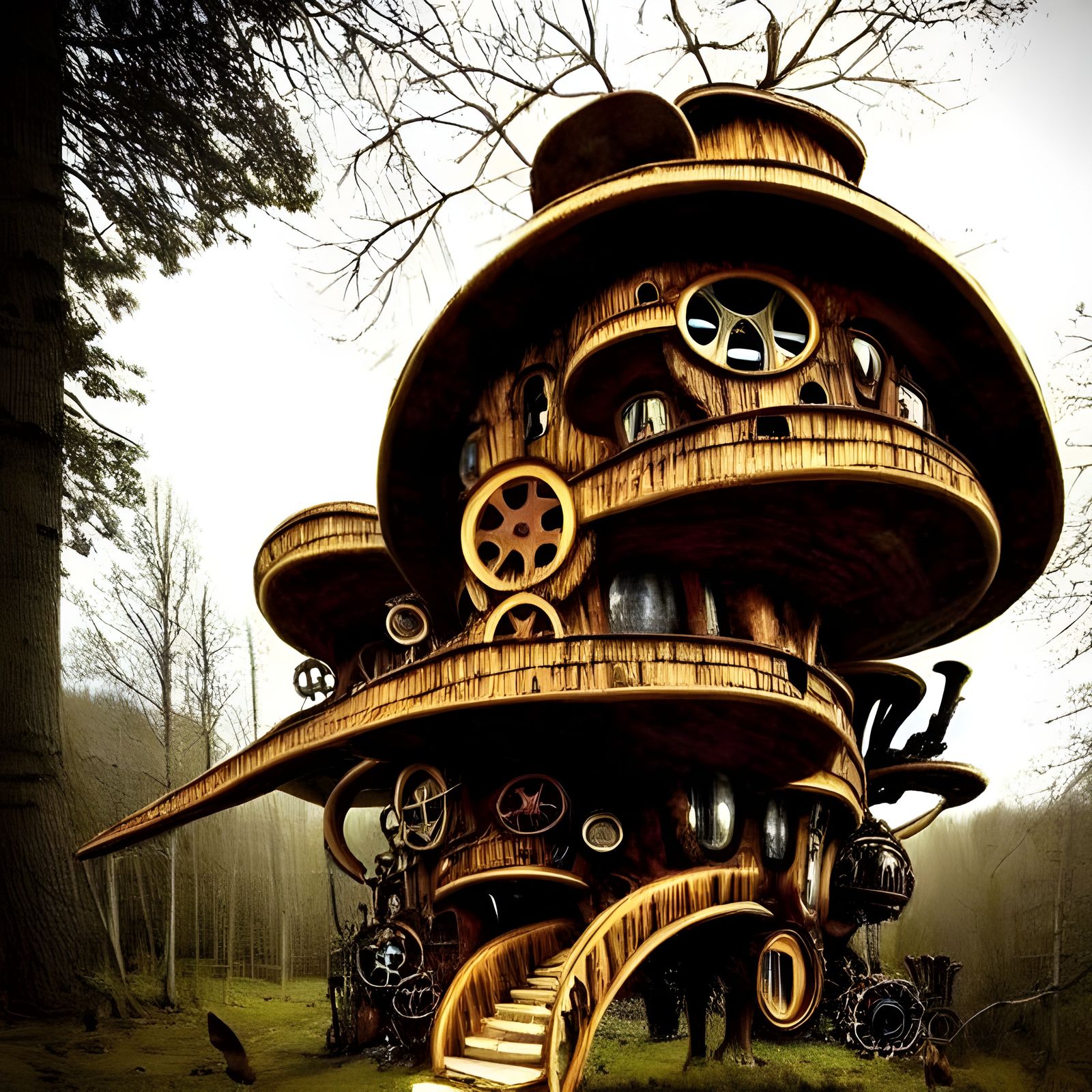 Steampunk Mushroom House on an Arch, Detailed