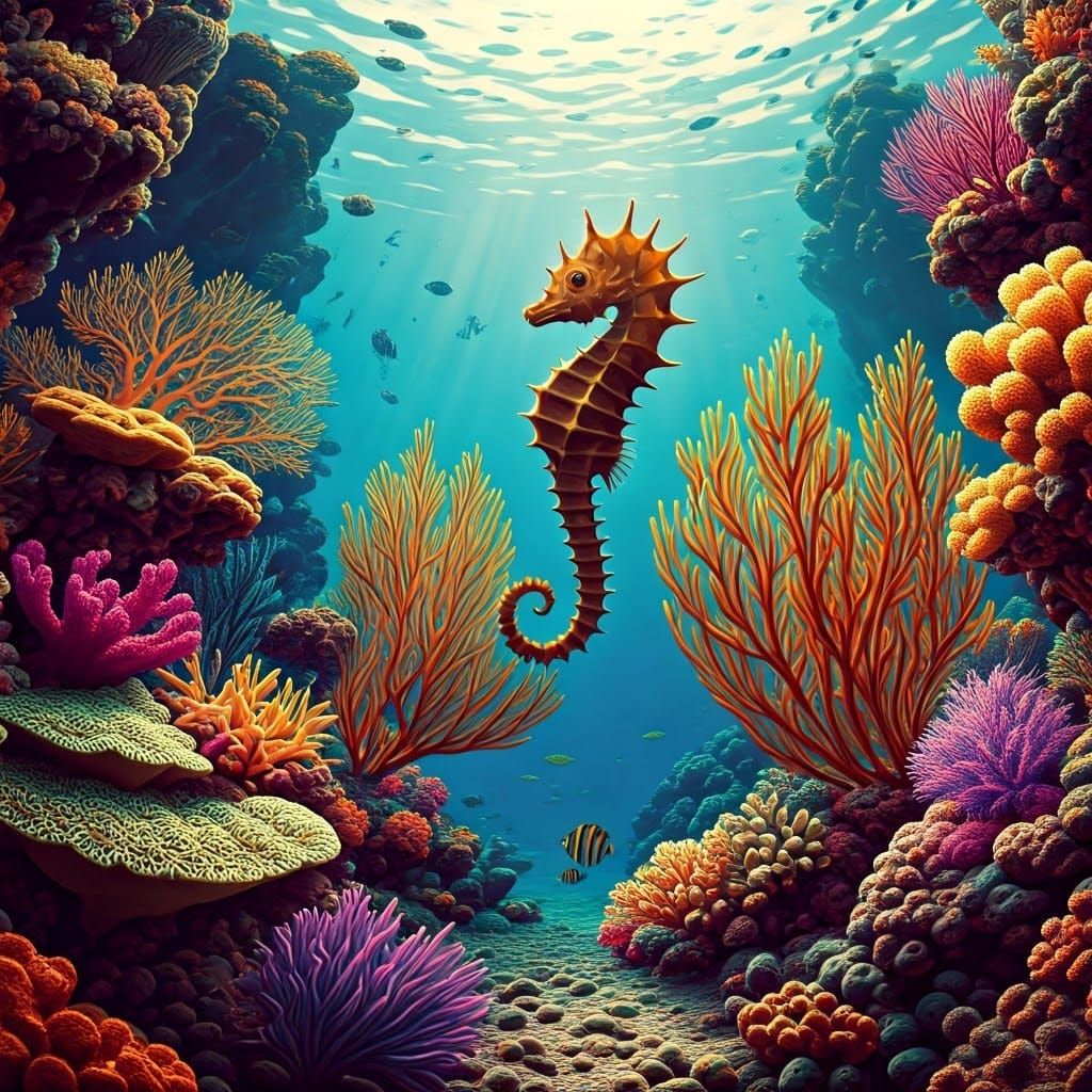 Surreal Coral Reef with Giant Seahorse, Salvador Dali Style