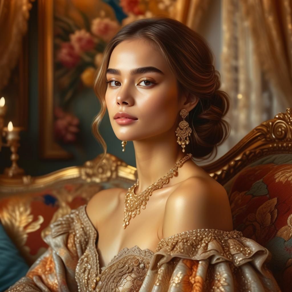 Woman on Luxurious Couch: Vibrant Oil Painting