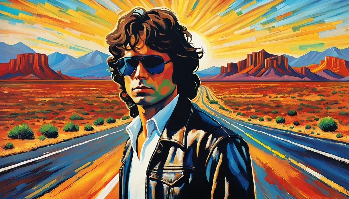 Jim Morrison in Pop Art Style on Desert Highway