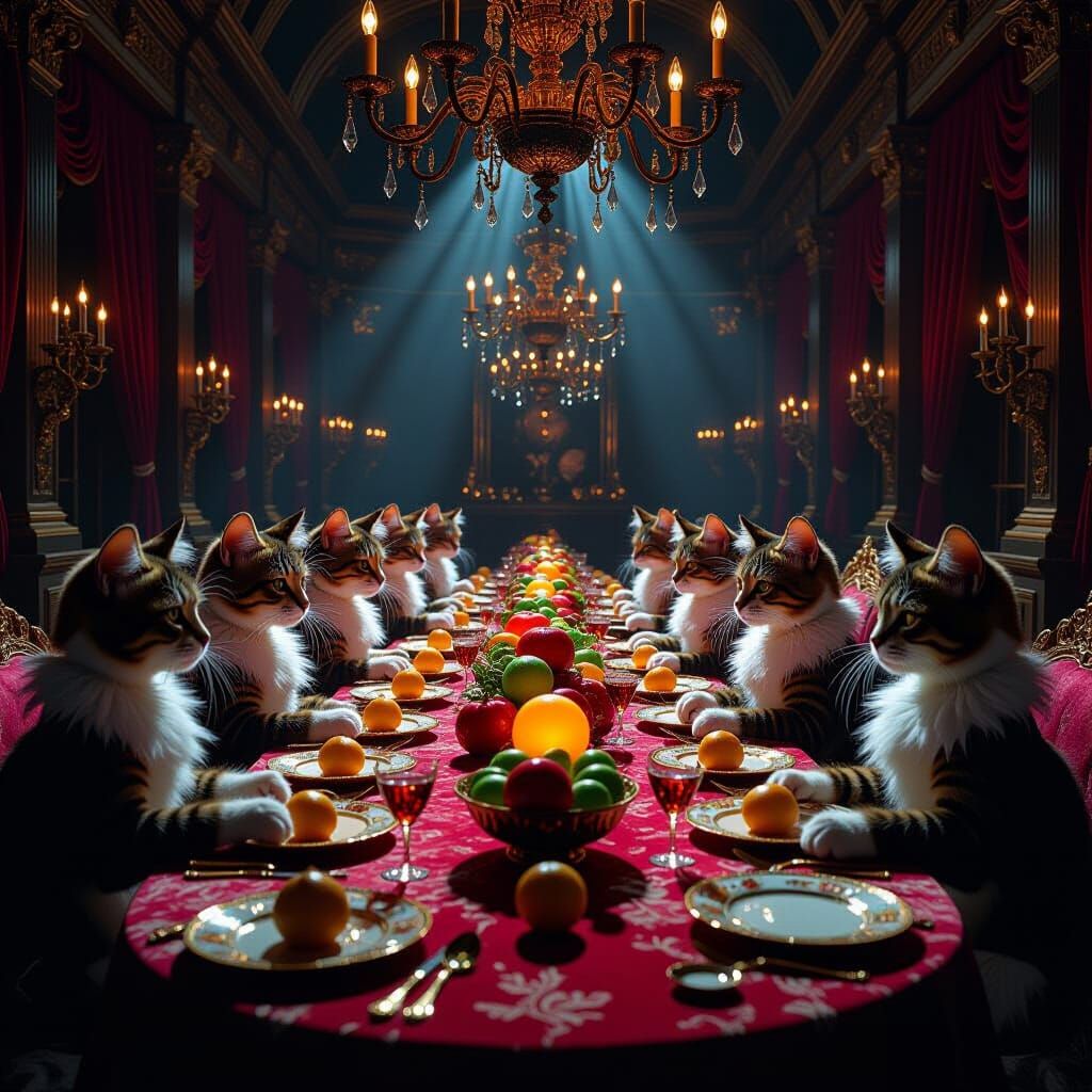 Kitten Banquet in Dutch Golden Age Style with Sci-Fi Twist