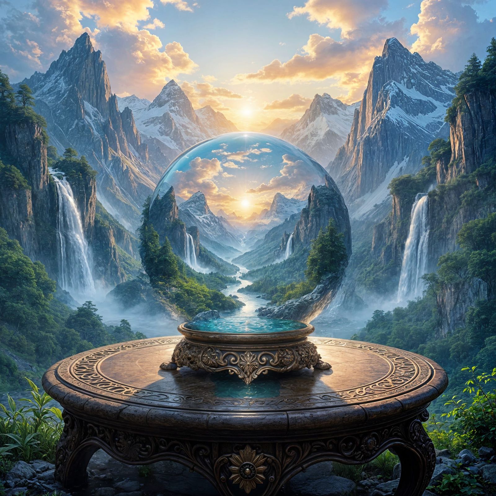 Crystal Ball Reveals Vibrant Mountain Landscape with Waterfa...