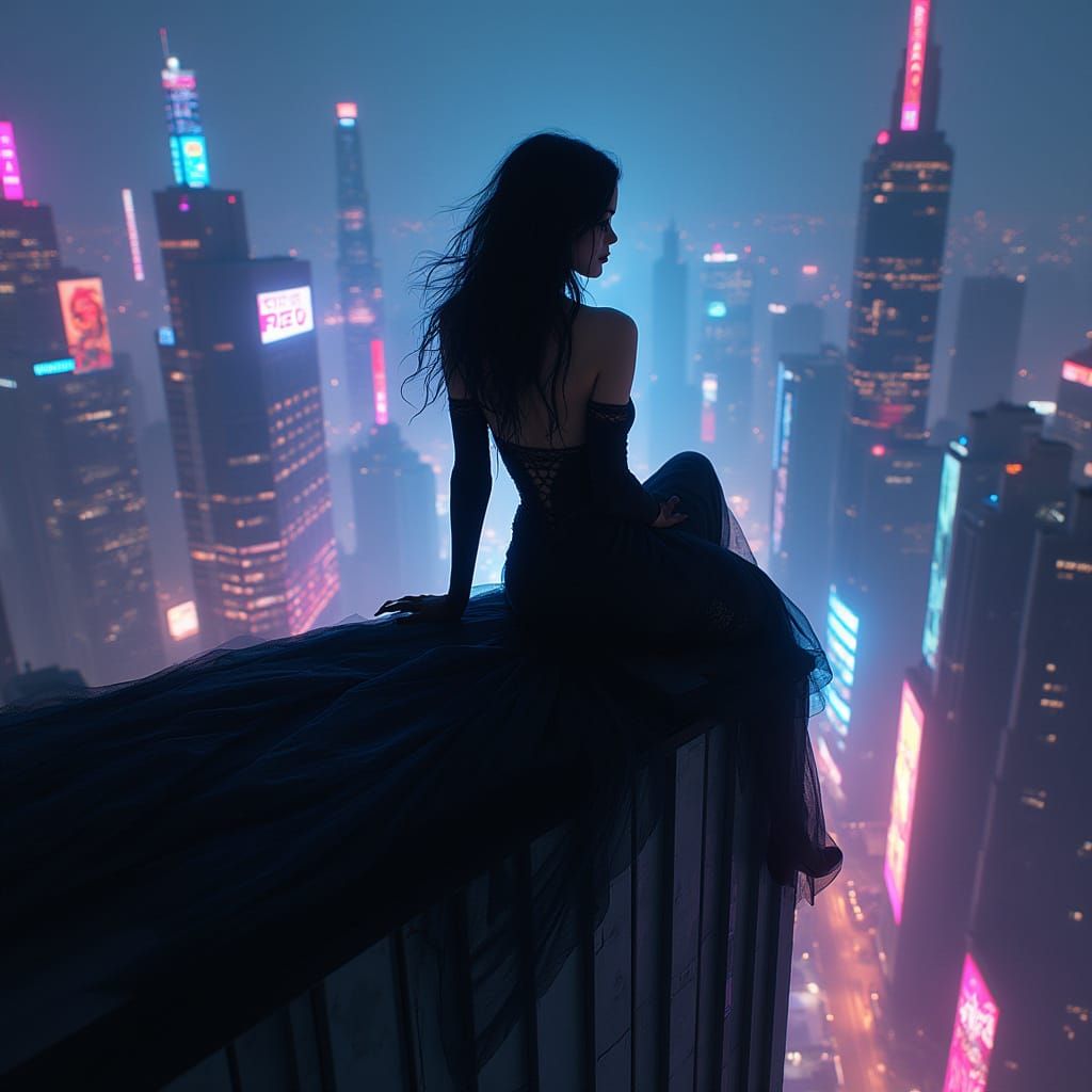 Vampire Queen Over Neon Metropolis in Cyberpunk Noir