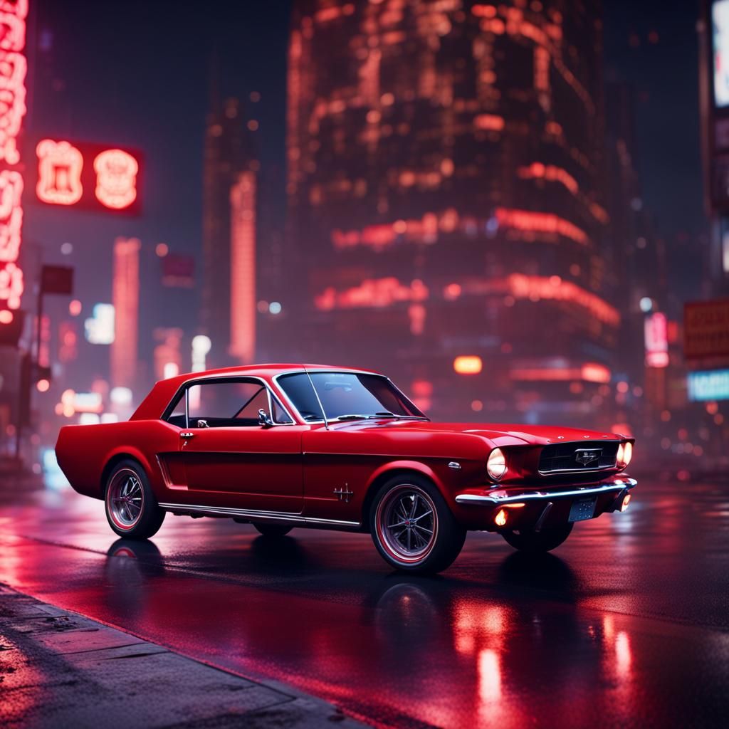 Red 1966 Ford Mustang in Neon City at Night