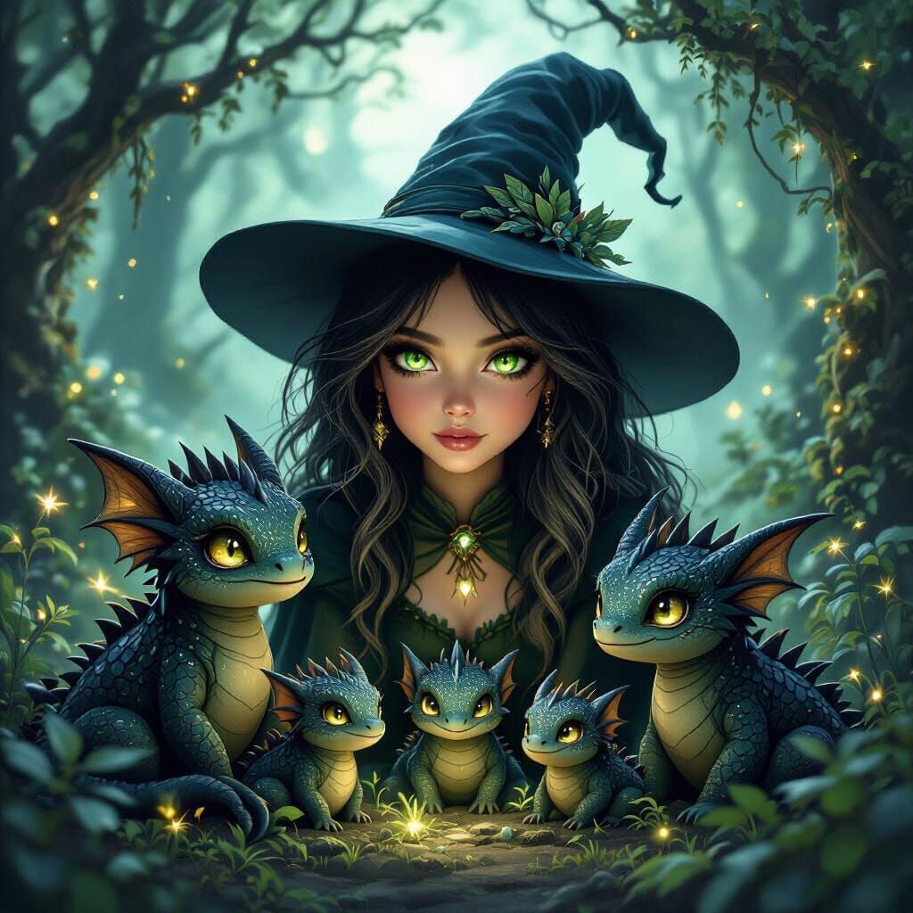 Witch and Enchanted Forest Creatures in Dark Fantasy Art