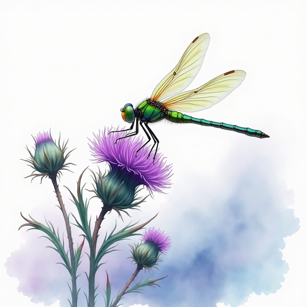 Whimsical Dragonfly Amidst Purple Thistle in Watercolor Styl...