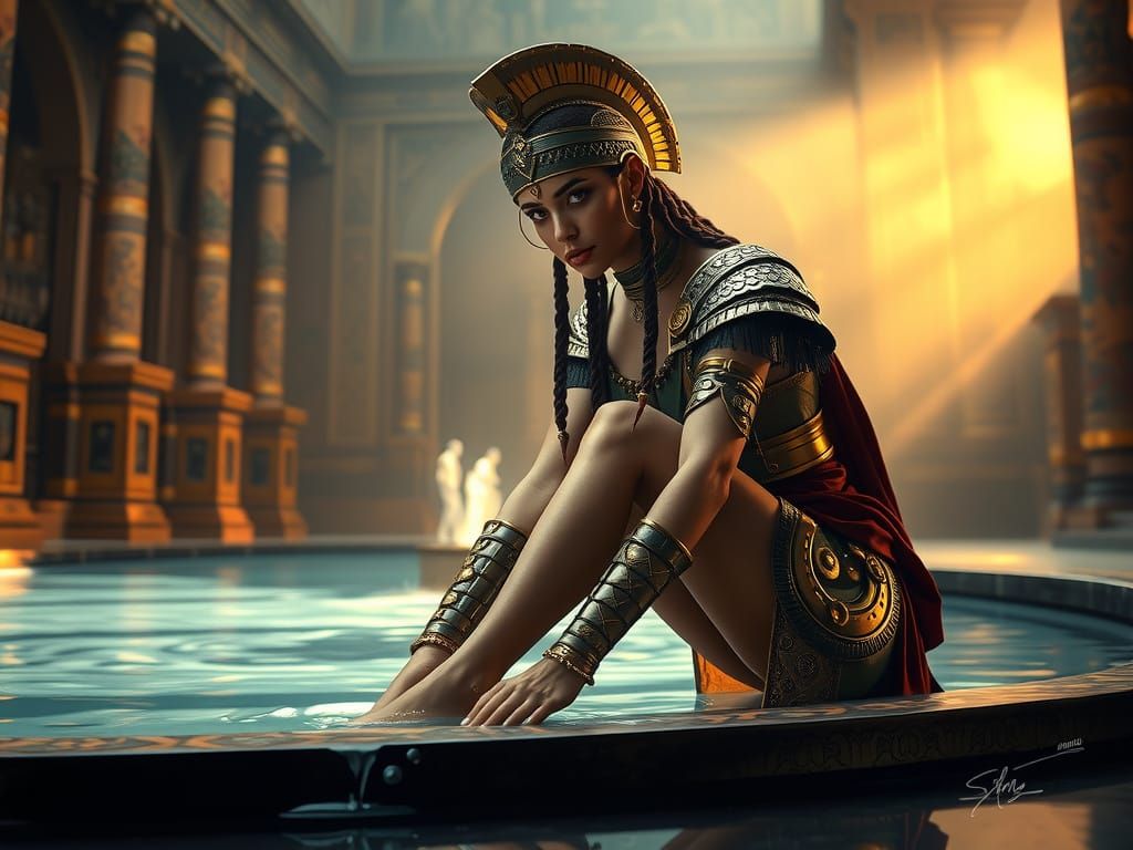 Regal Assyrian Warrior in Palace Fountain